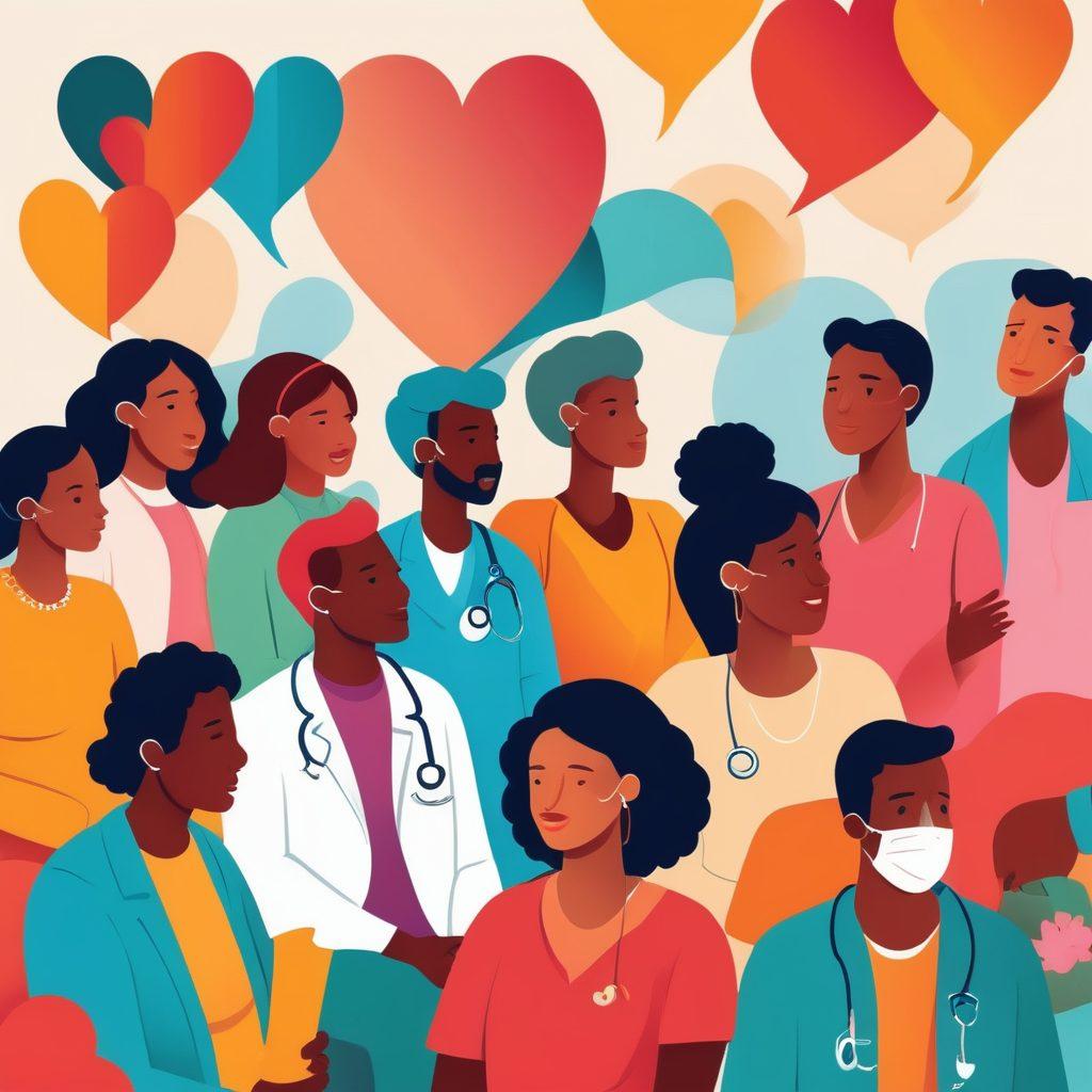 A diverse group of patients engaging in a warm and supportive discussion about treatment options and mental health, with a backdrop of an inviting clinic. Illustrate advocacy symbols like a megaphone and heart icons around them, emphasizing empowerment and community. Bright and uplifting colors to evoke hope and positivity. vector art. vibrant colors.