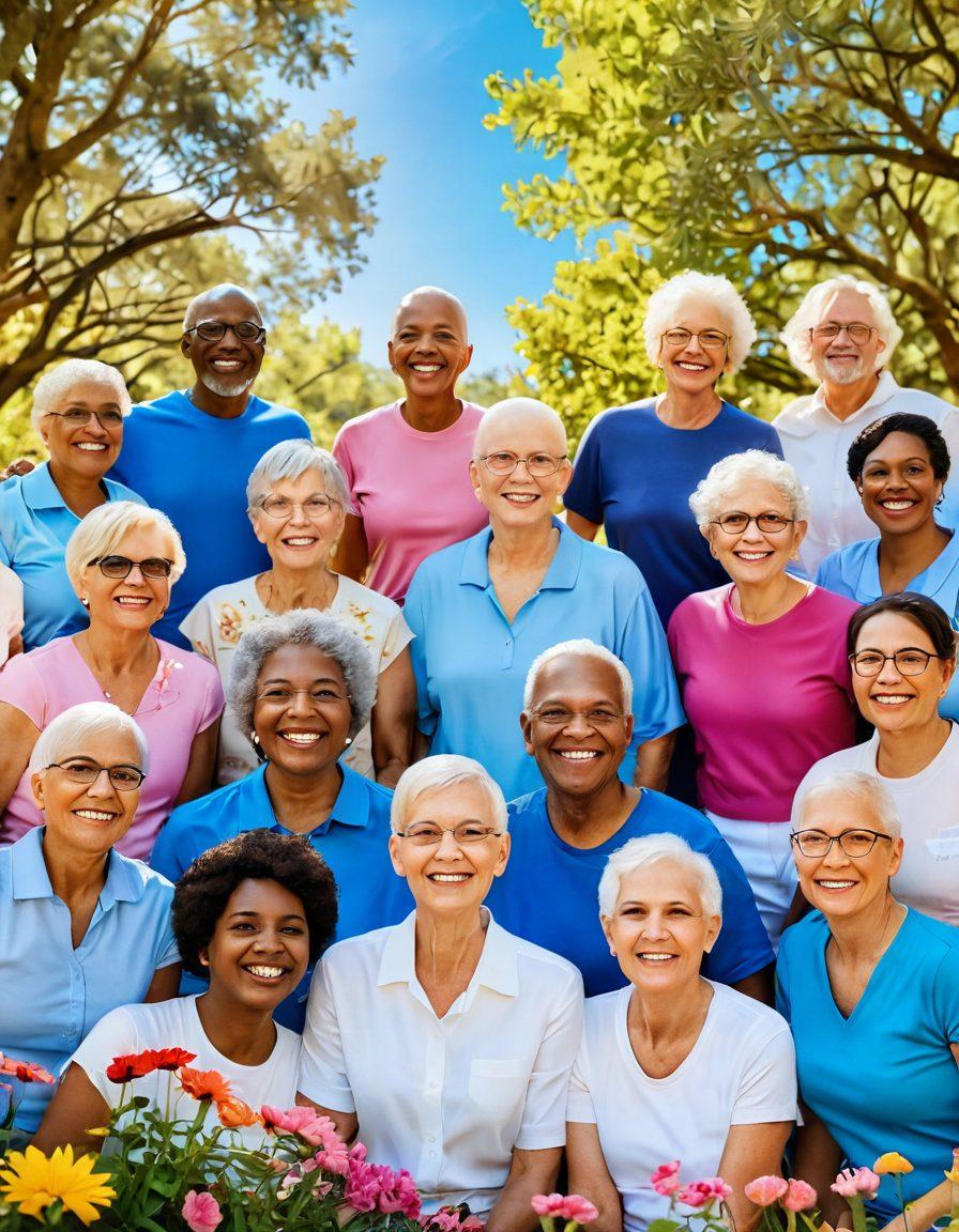 A serene scene depicting a diverse group of cancer survivors and supporters engaged in a joyful outdoor gathering, surrounded by colorful flowers and a bright blue sky. The focus is on their expressions of hope, strength, and unity, with soft sunlight filtering through trees. Include symbols of resilience like ribbons and heart shapes subtly integrated into the background. warm palette. super-realistic. vibrant colors.