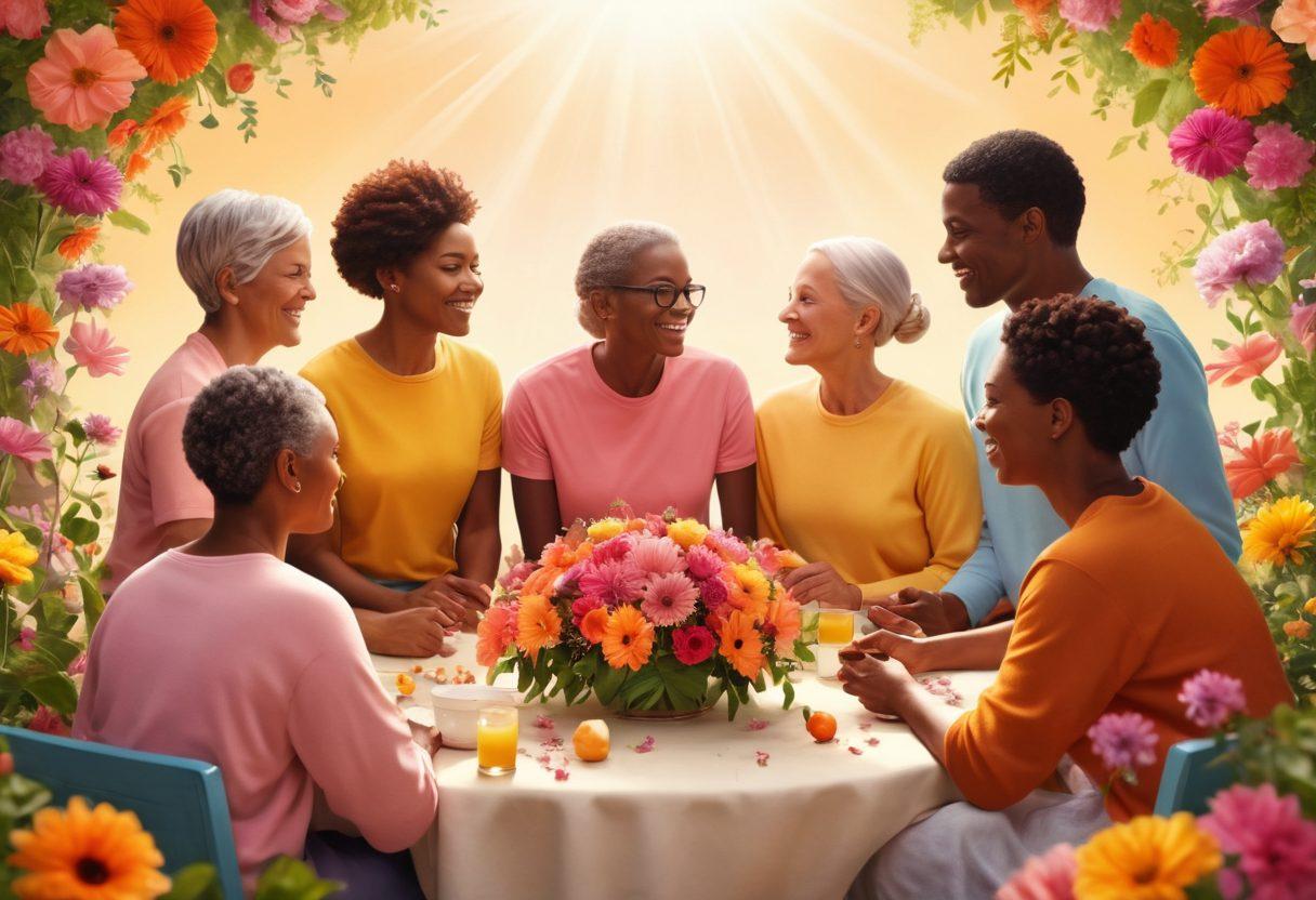 A hopeful scene depicting a diverse group of people engaged in a supportive conversation about cancer treatment, surrounded by uplifting elements like blooming flowers and soft sunlight. Include visual symbols of health and wellness, like healthy foods and gentle exercise, to convey empowerment and positivity. super-realistic. vibrant colors. soft background.